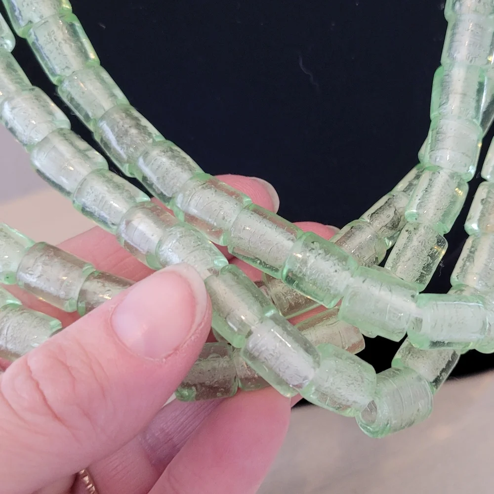 Artisan green glass bead multi strand necklace with cord and button